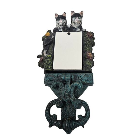Vintage 80s Cast Iron Door Knocker Tuxedo Cat Note Pad Cottage Whimsical 12 in